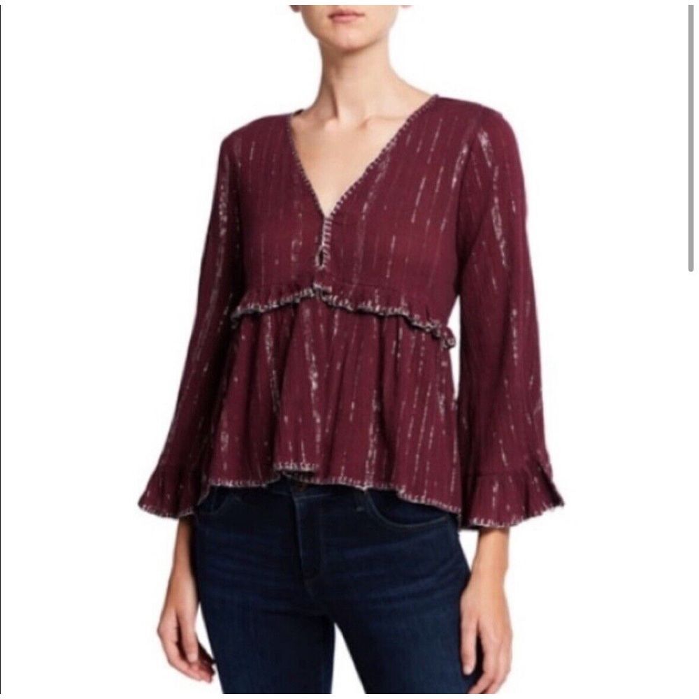 Bohemian‎ Wine Top Chloe Oliver Red Lurex Top with Stitching Embroidery Blouse S
